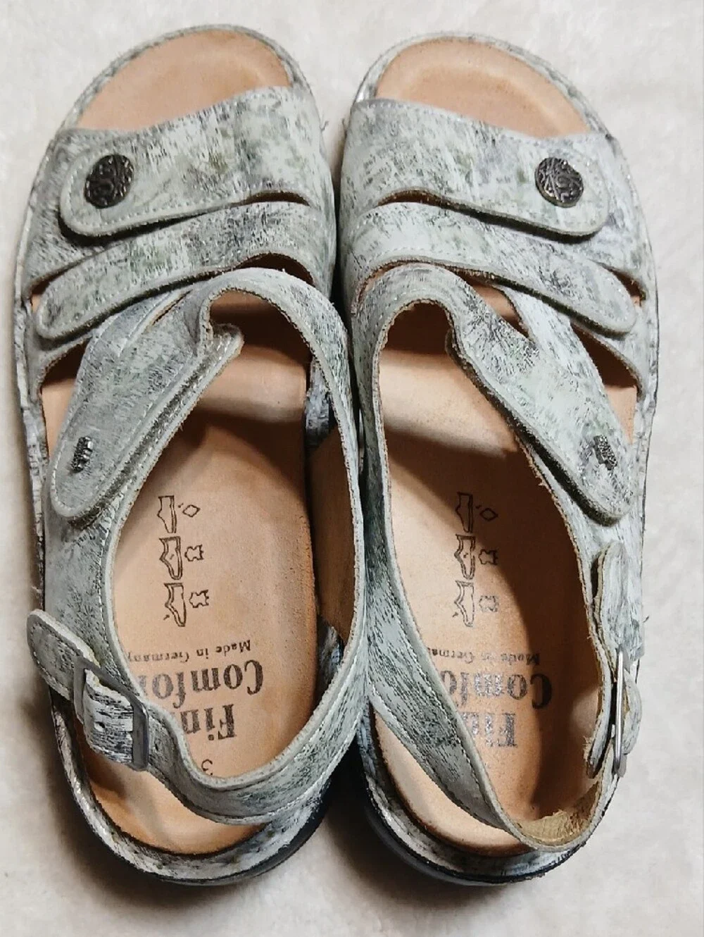 Finn Comfort Silver Green Leather Adjustable Strappy Sandals Size 38